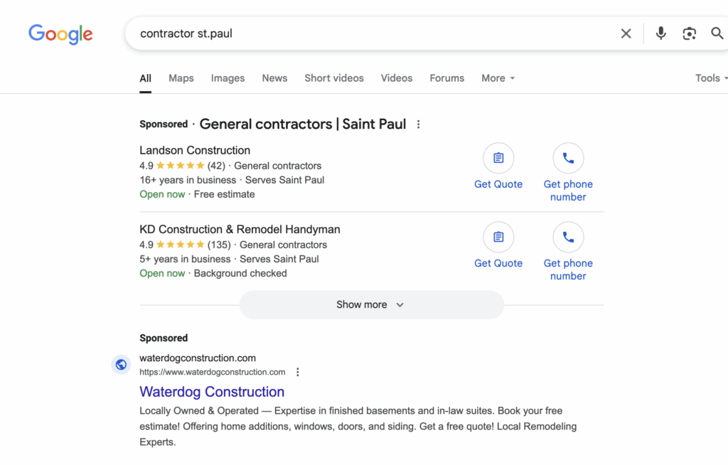 google ads page for marketing strategies for contractors